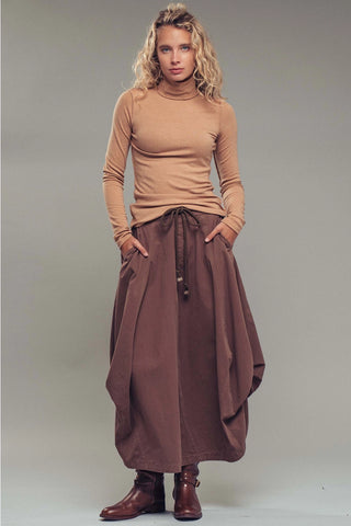 Balloon Hem Drawstring Maxi Skirt - Brown