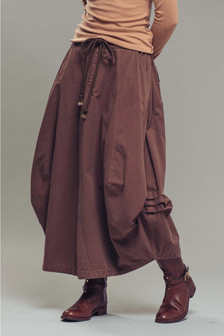 Balloon Hem Drawstring Maxi Skirt - Brown
