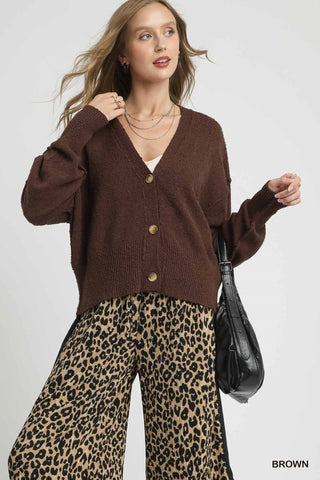 Button Front Cozy Knit Cardigan - Brown