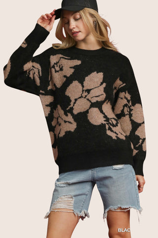 Floral Knit Sweater - Black/Taupe