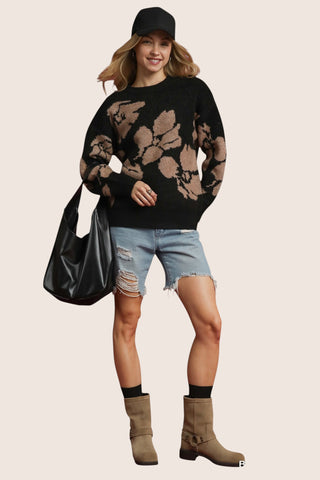 Floral Knit Sweater - Black/Taupe