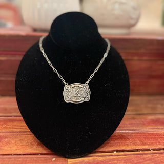 Silver Western Belt Buckle Initial Necklace