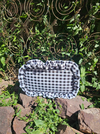 Gingham Frilly Makeup Bag -  Black