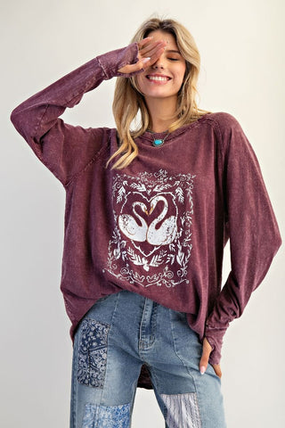 Swan Graphic Front Mineral Washed Cotton Slub Knit Top