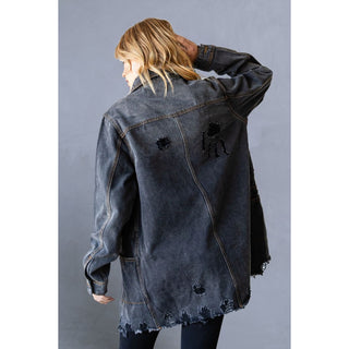 Black Distressed Denim Oversize Jacket