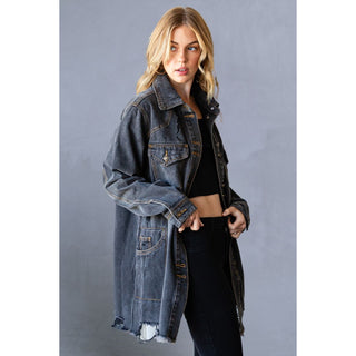 Black Distressed Denim Oversize Jacket