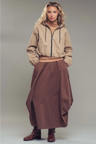 Balloon Hem Drawstring Maxi Skirt - Brown
