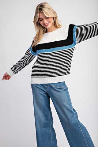 Striped Round Neck Sweater - Black Ice