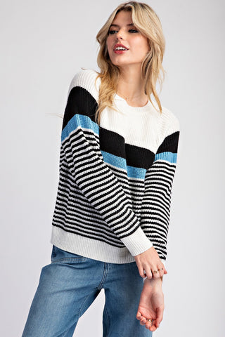 Striped Round Neck Sweater - Black Ice