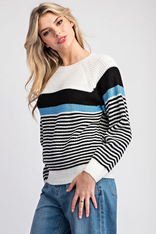 Striped Round Neck Sweater - Black Ice