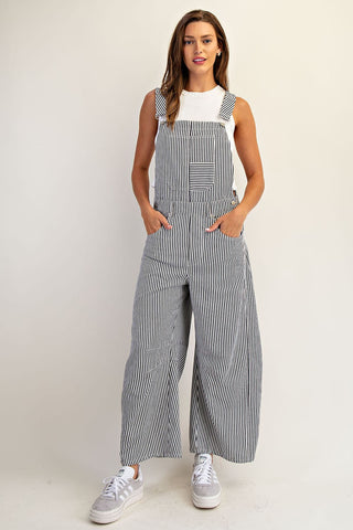 Striped Mineral Wash Barrel Leg Jumpsuit - Navy