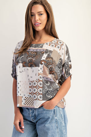 Baroque Print Boxy Top - Misty Gray