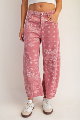 Mineral Wash Paisley Print Barrel Jeans - Dusty Rose