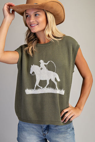Western Graphic Cap Sleeve Sweater - Dry Herb