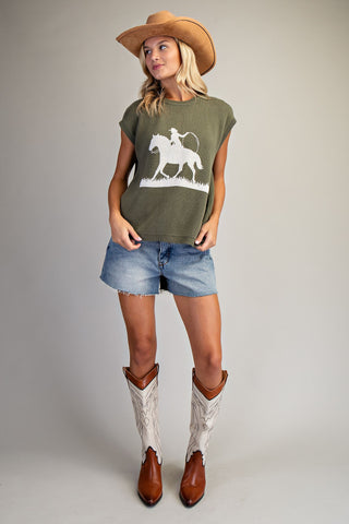 Western Graphic Cap Sleeve Sweater - Dry Herb