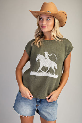 Western Graphic Cap Sleeve Sweater - Dry Herb