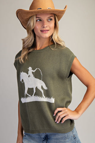 Western Graphic Cap Sleeve Sweater - Dry Herb