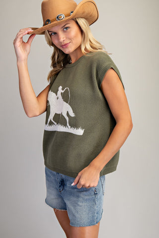 Western Graphic Cap Sleeve Sweater - Dry Herb