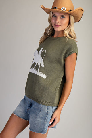Western Graphic Cap Sleeve Sweater - Dry Herb