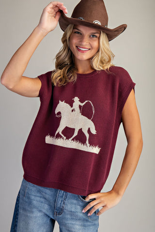 Western Graphic Cap Sleeve Sweater - Wine