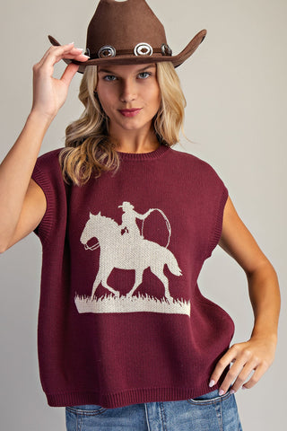 Western Graphic Cap Sleeve Sweater - Wine