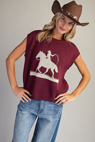 Western Graphic Cap Sleeve Sweater - Wine