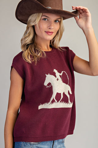 Western Graphic Cap Sleeve Sweater - Wine