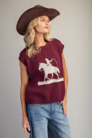 Western Graphic Cap Sleeve Sweater - Wine