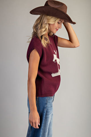 Western Graphic Cap Sleeve Sweater - Wine