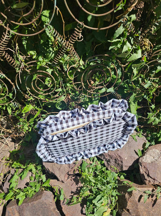 Gingham Frilly Makeup Bag -  Black