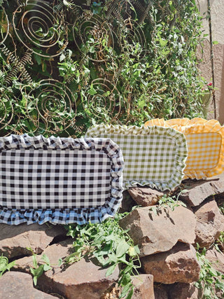 Gingham Frilly Makeup Bag -  Black