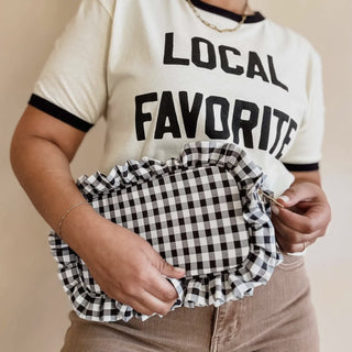Gingham Frilly Makeup Bag -  Black