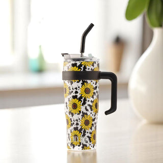 Wide Wyoming Tumbler - Yellow Sunflower with Tooling