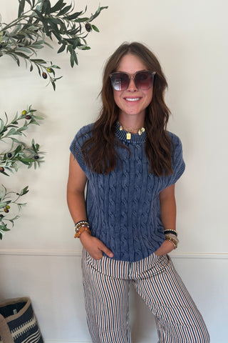 Mineral Washed Cable Knit Sweater - Ink