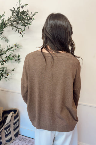 Person wearing a brown sweater with a neutral background
