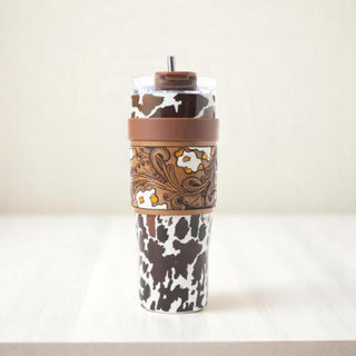 Wide Wyoming Tumbler - Brown and White with Tooling