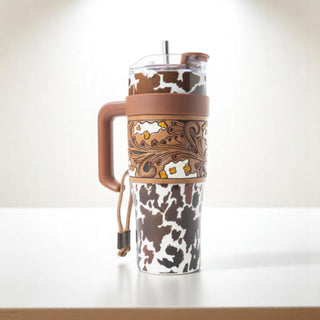 Wide Wyoming Tumbler - Brown and White with Tooling