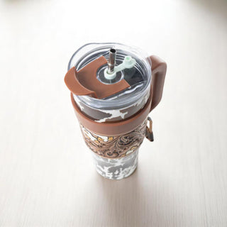 Wide Wyoming Tumbler - Brown and White with Tooling
