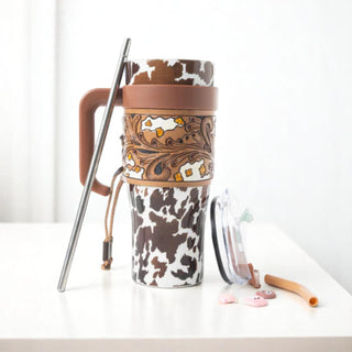 Wide Wyoming Tumbler - Brown and White with Tooling