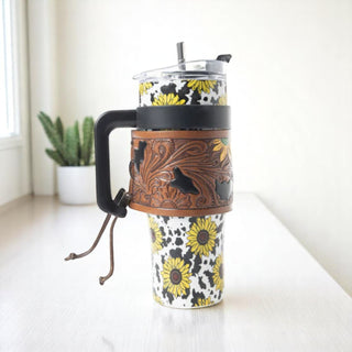 Wide Wyoming Tumbler - Yellow Sunflower with Tooling