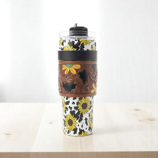 Wide Wyoming Tumbler - Yellow Sunflower with Tooling