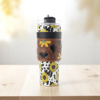 Wide Wyoming Tumbler - Yellow Sunflower with Tooling