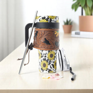 Wide Wyoming Tumbler - Yellow Sunflower with Tooling