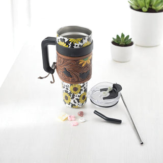 Wide Wyoming Tumbler - Yellow Sunflower with Tooling