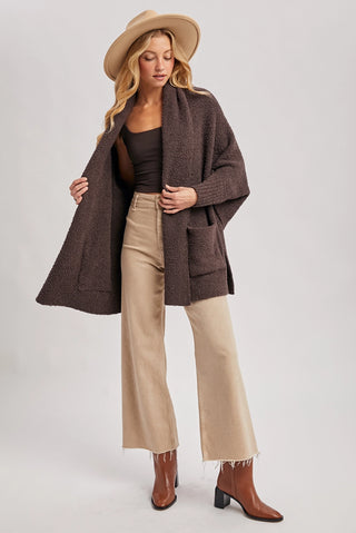 Open Front Boucle Knit Cardigan -Espresso