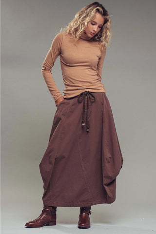 Balloon Hem Drawstring Maxi Skirt - Brown