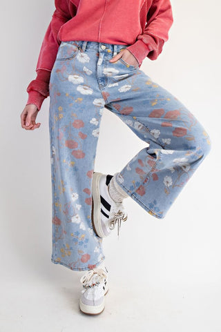 Floral Printed Stretch Twill Pants - Washed Denim