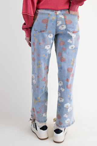 Floral Printed Stretch Twill Pants - Washed Denim