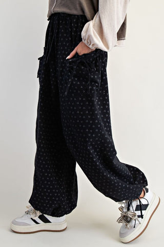 Texture Woven Mineral Washed Pants - Black