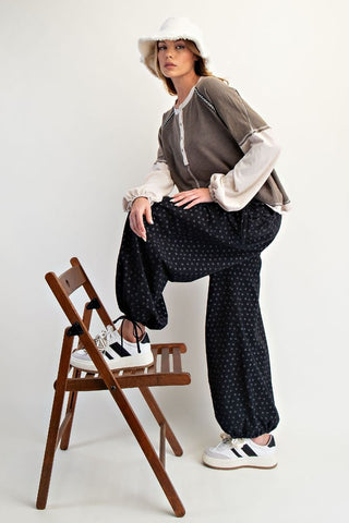 Texture Woven Mineral Washed Pants - Black